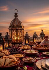 Fototapeta premium Vibrant Moroccan spread with lanterns at sunset