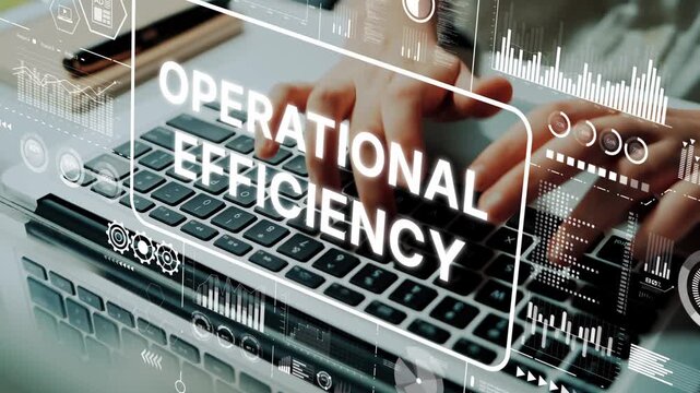 Hands typing on a laptop keyboard with digital graphs illustrating operational efficiency and modern technology in business context. Asymptotic smart data analytic.