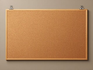 Fototapeta premium Empty cork board with wooden frame hanging on a neutral wall with clips