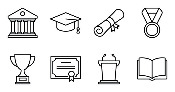 Academic education achievement learning graduation award university outline icons set vector design template