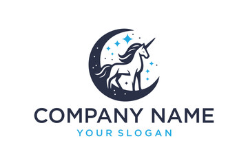Fototapeta premium Elegant Unicorn Standing on Crescent Moon with Stars Fantasy Logo Design