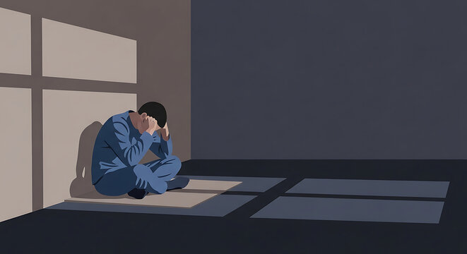 depressed man sitting alone in a dark confined room corner head in hands grappling with mental health issues loneliness and deep despair.