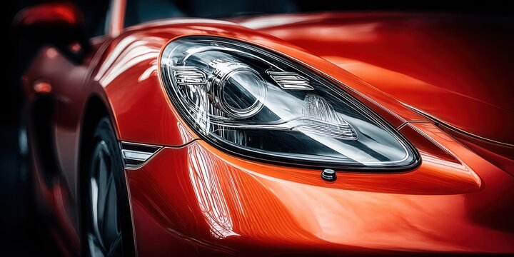 Close-up of a sleek, glossy red sports car headlight and fender
