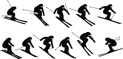 Skier silhouette set downhill skiing jump action winter sport vector illustration collection
