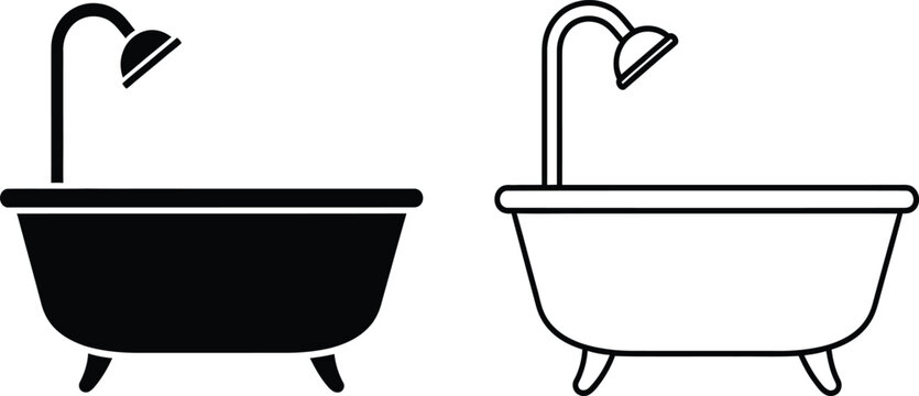 Vector illustration of black and white bathtub icons with shower heads