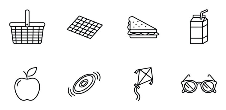 Picnic and outdoor lunch line icons set with basket sandwich apple frisbee kite and juice box items