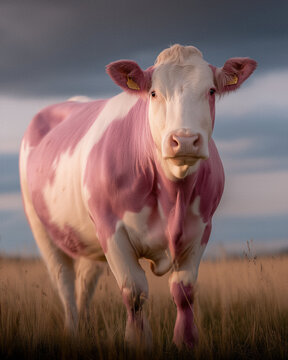 Pink and white cow standing in pasture, surreal farm animal love concept