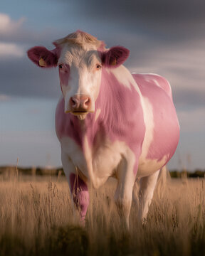 Pink and white cow standing in pasture, surreal farm animal love concept