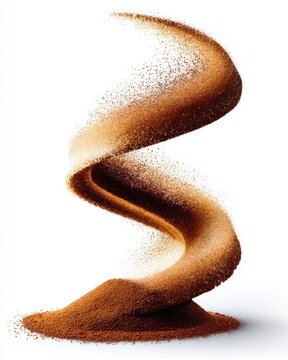 Brown powder swirling in a dynamic spiral shape against a white background