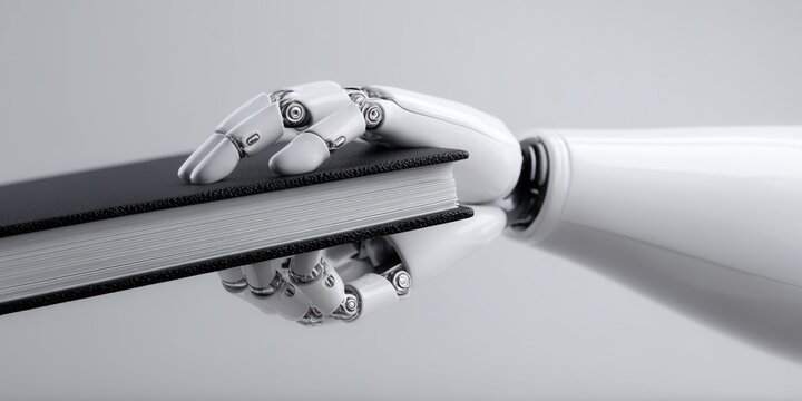 Advanced robotic hand delicately holding a closed book, symbolizing artificial intelligence and knowledge transfer