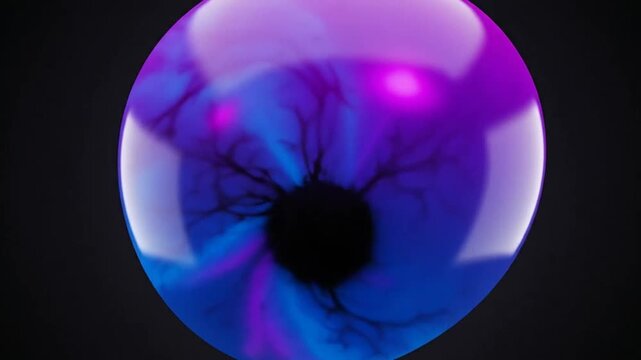 Glossy iridescent abstract sphere with a central dark indentation on a black background