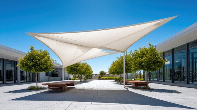 Modern outdoor courtyard with shade sails