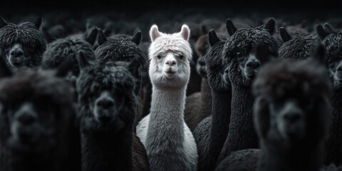 Fototapeta premium Unique white alpaca stands out amongst a herd of dark alpacas in a dramatic portrait