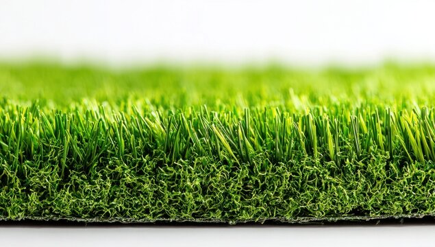 Close-up macro shot of artificial turf showing its dense texture and vibrant green color