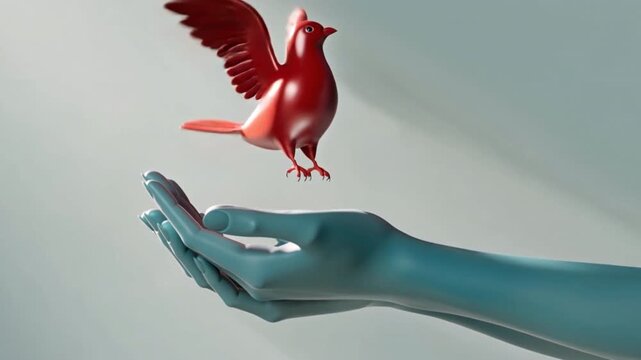 3D Red Bird Standing on Teal Hand &ndash; Symbol of Freedom, Hope and Trust