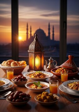 Traditional Moroccan iftar table setting with delicious food and lantern at sunset