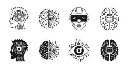 Various black and white illustrations depicting human cognition and technology integration from multiple viewpoints showcasing brain activity and digital enhancements