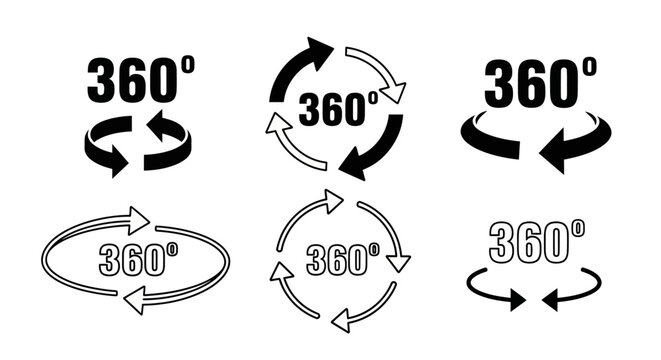 Collection of 360-degree rotation icons in various styles showcasing circular motion and curvature from different viewpoints