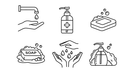 Fototapeta premium Hygiene routine icons featuring handwashing, sanitizer, and soap illustrations in a clean and simple line art style on a plain white background from a straightforward viewpoint