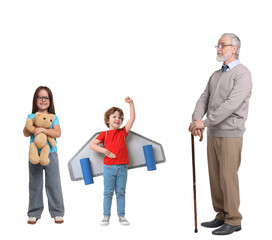 Grandpa spending time with his grandchildren on white background