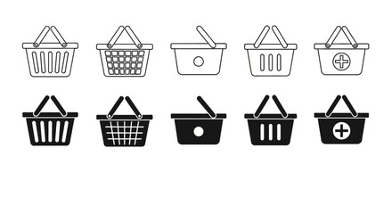 Various shopping baskets and buckets icons in different styles and designs displayed together © charli