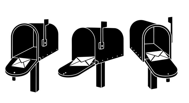 Three mailboxes with open lids and envelopes inside, viewed from a slight angle, depicted in simple black illustrations on a clean background.