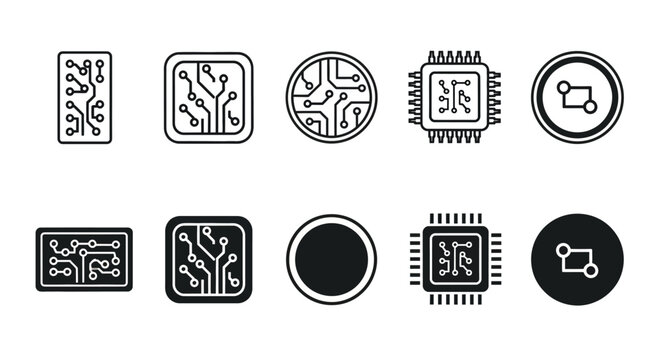 Collection of diverse microchip icons representing various technological advancements and innovations in the field of electronics and computing