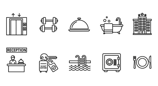Hotel amenities and services icons set, including fitness, dining, and accommodation symbols in simple line art style