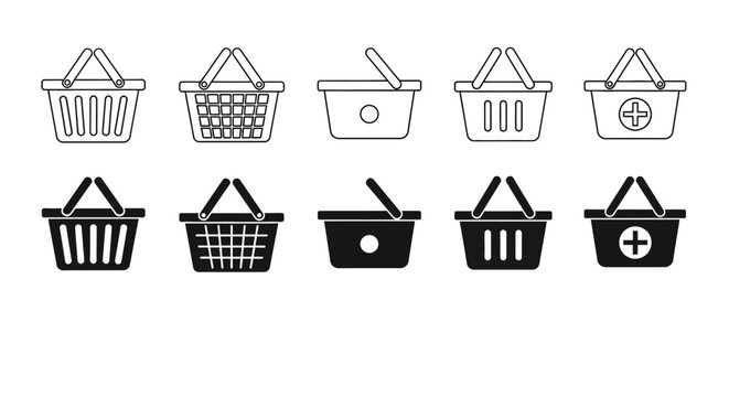 Various shopping baskets and buckets icons in different styles and designs displayed together