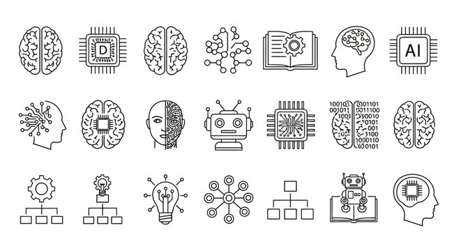 Collection of Artificial Intelligence and Technology Icons Representing Innovation and Machine Learning Concepts