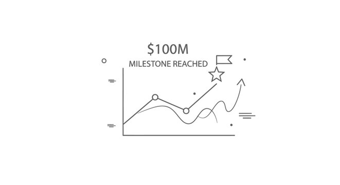 Line chart graphic illustrates a financial milestone achievement of one hundred million dollars reached successfully with an upward trending arrow and star marker.