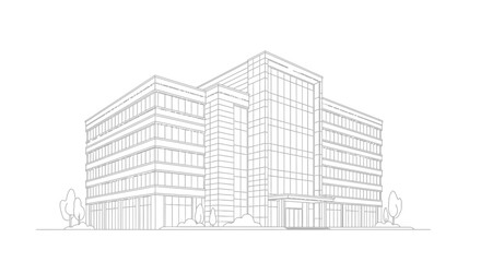 Large modern corporate office building facade features extensive glass curtain walls and structured symmetry under bright daylight conditions.