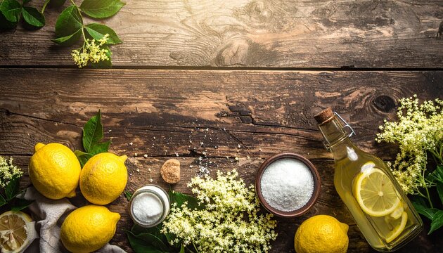 Holundersirup selber machen &ndash; Zutaten auf Holzhintergrund mit Copyspace