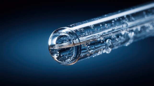 Close-up macro shot of a glass test tube filled with clear liquid and tiny bubbles
