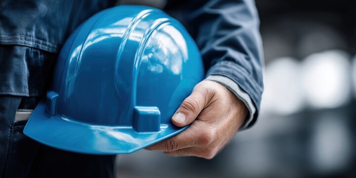 Construction worker holding a blue hard hat, symbolizing safety and industry expertise