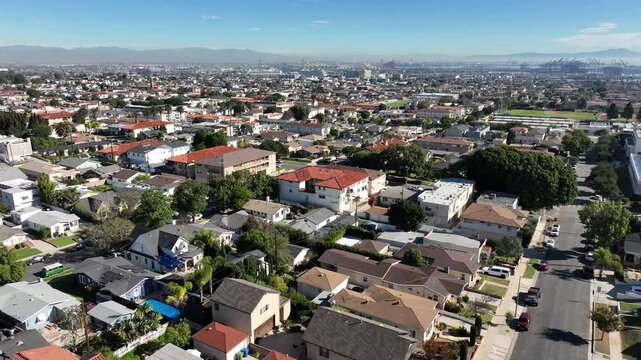San Pedro, California, USA - Aerial View of Residential Homes Overlooking Wilmington and the Port of Long Beach, CA