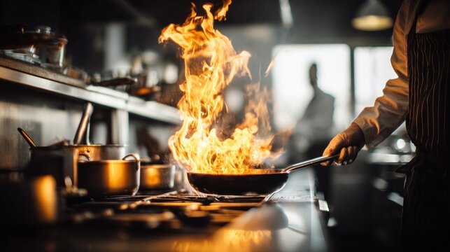 Chef flambeing food in a pan with dramatic flames in a professional kitchen setting