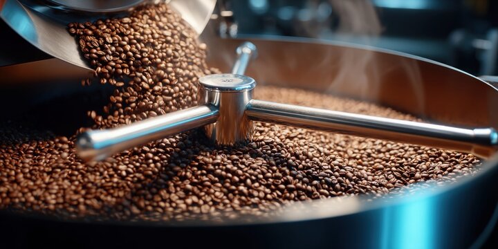Close-up of fresh coffee beans tumbling in a professional roasting machine with steam rising