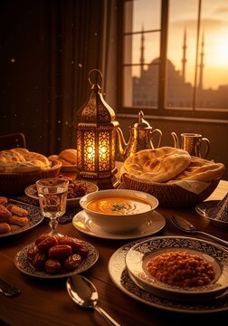 Traditional iftar table setting with delicious food and lantern at sunset