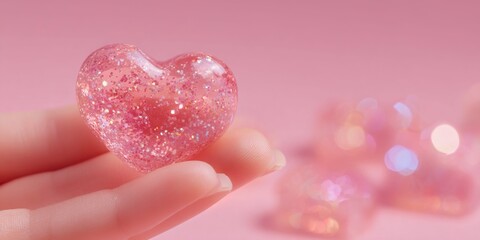 Obraz premium Delicate pink glitter heart held gently in a hand against a soft pastel background