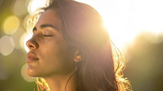 Young woman with closed eyes and tears on face bathed in golden light