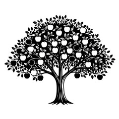 White apple tree with numerous ripe fruits and leaves on black background isolated on a transparent background