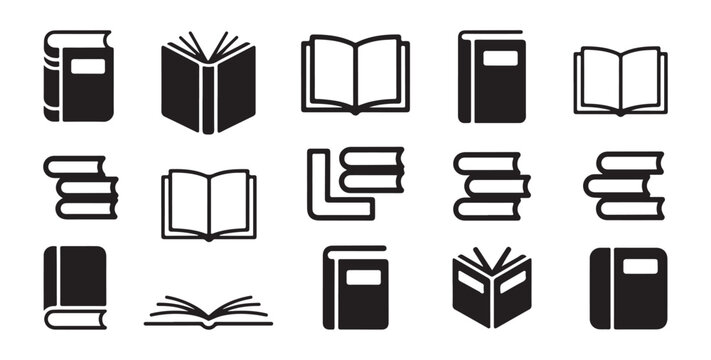 Minimalist book line icons featuring open textbooks and stacked journals for digital library application