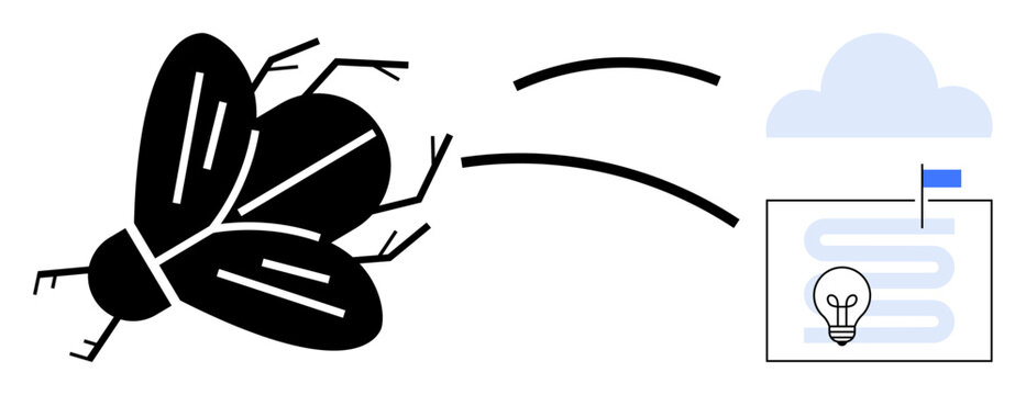 Bug tracking concept. Bug tracking with a fly symbol and a solution map with a bulb icon for idea generation. Bug tracking ensures debugging, issue resolution, and development efficiency. Use cases