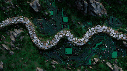 Obraz premium Conceptual Aerial View of a Stone Path Winding Through a High-Tech Green Circuit Board Terrain with Moss and Rocks Symbolizing the Fusion of Nature and Advanced Technology.
