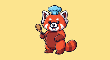Cartoon red panda wearing a chef hat and holding a spoon. © Dlomiro