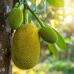 A large green fruit hangs from a tree branch with smaller fruits