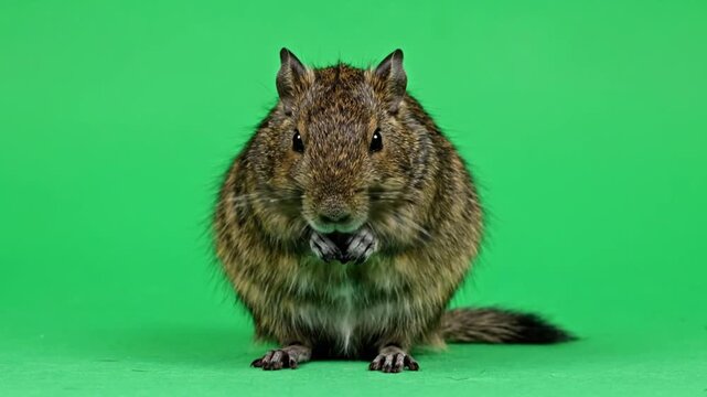 Close-up front view of a fluffy degu rodent sitting and eating on a green background, captured in a studio setting