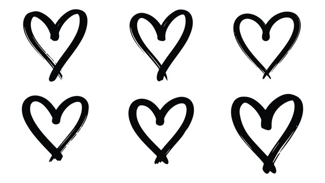 Hand drawn heart vector collection. Includes six unique doodle heart shapes. Created in black brush stroke style with a monochrome palette.