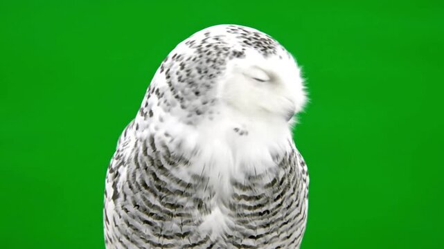 Snowy owl with eyes closed against a green screen background, showcasing its speckled white and black feathers